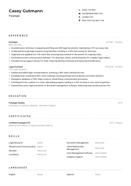 Paralegal Resume Example