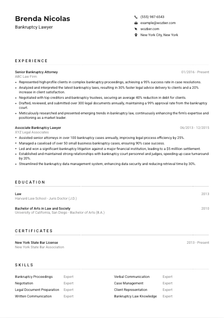 Bankruptcy Lawyer CV Example