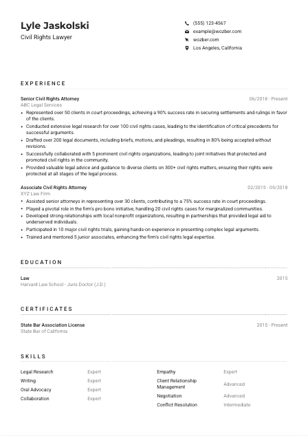 Civil Rights Lawyer CV Example