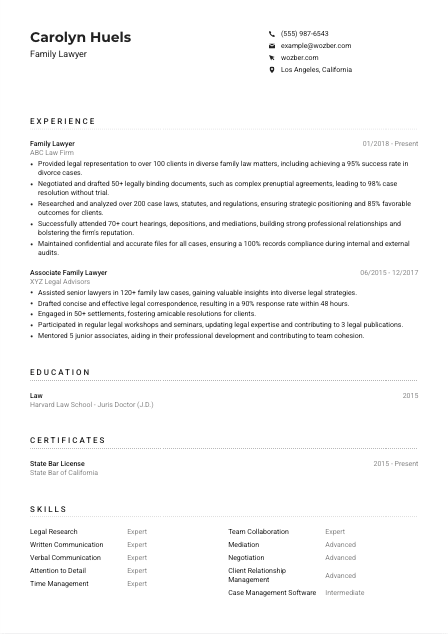 Family Lawyer Resume Example
