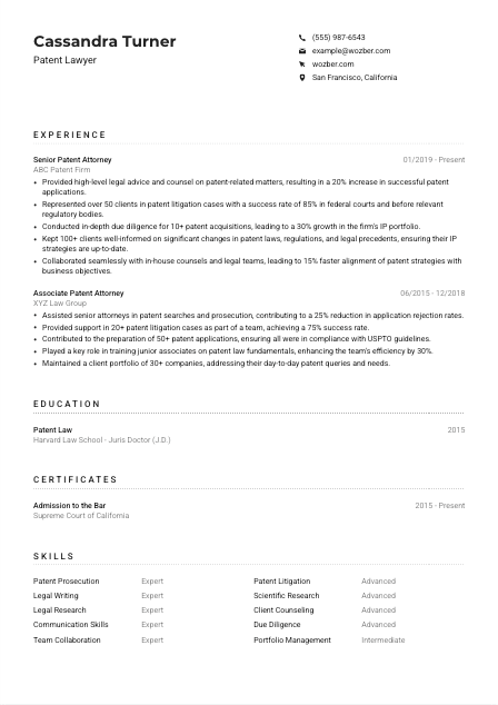 Patent Lawyer Resume Example