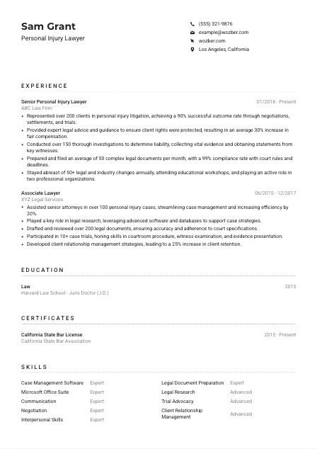 Personal Injury Lawyer CV Example