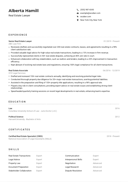 Real Estate Lawyer Resume Example