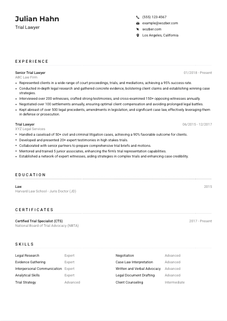 Trial Lawyer Resume Example