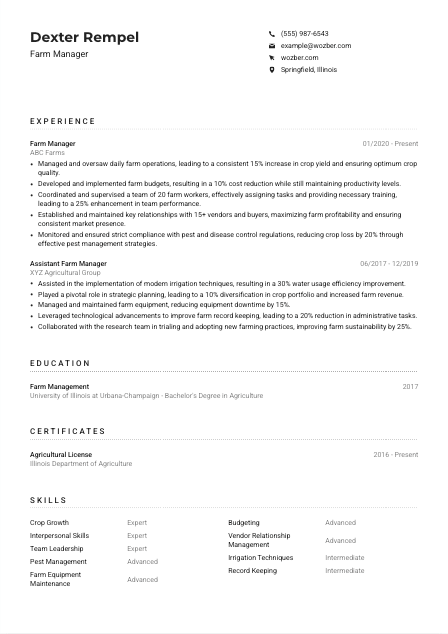 Farm Manager CV Example