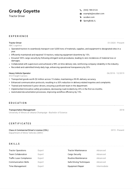 Tractor Driver Resume Example