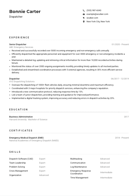 Dispatcher CV Example