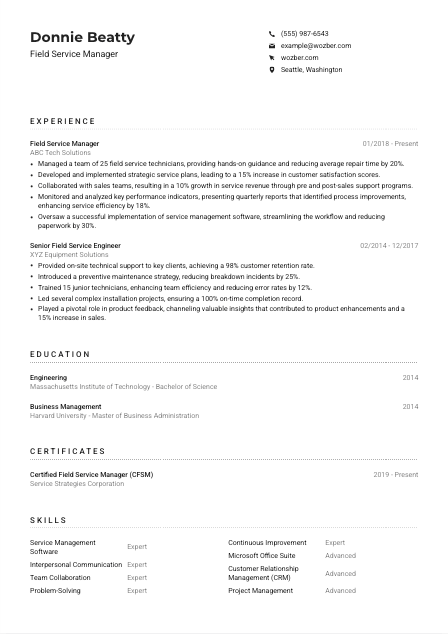Field Service Manager Resume Example