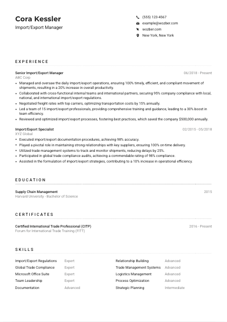 Import/Export Manager Resume Example