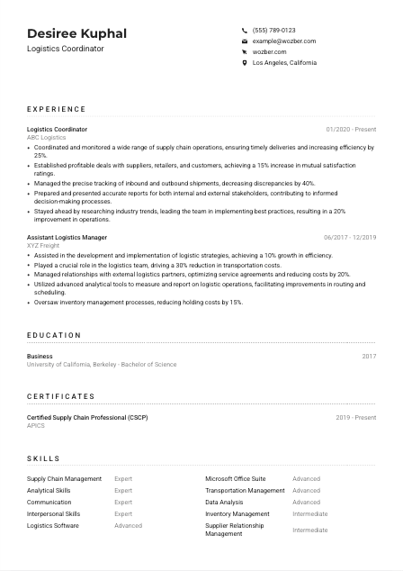 Logistics Coordinator CV Example