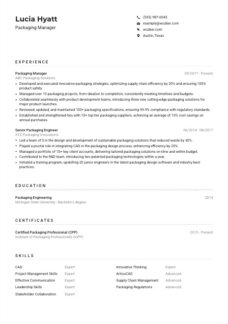 Packaging Manager Resume Example