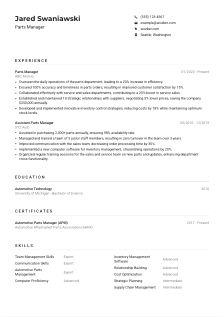 Parts Manager CV Example
