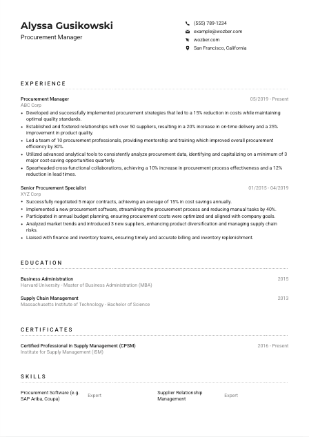 Procurement Manager Resume Example