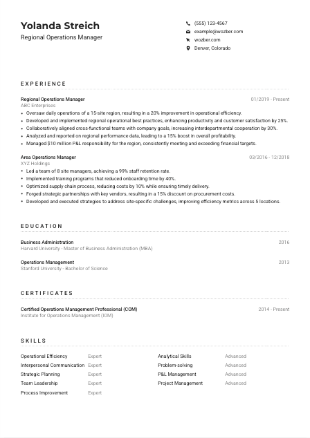 Regional Operations Manager CV Example