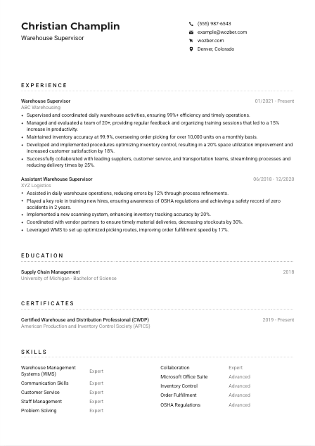 Warehouse Supervisor Resume Example