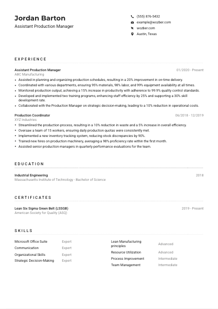Assistant Production Manager CV Example