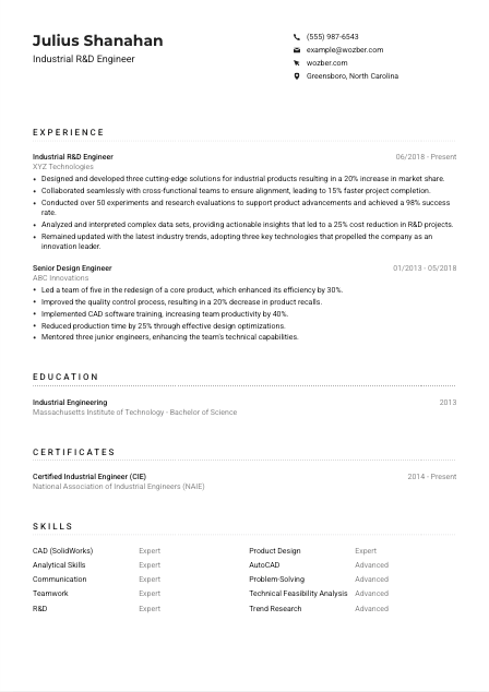 Industrial R&D Engineer Resume Example