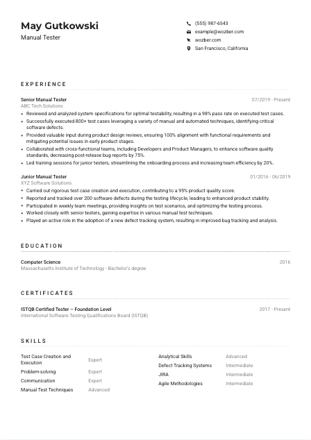 Manual Tester Resume Example