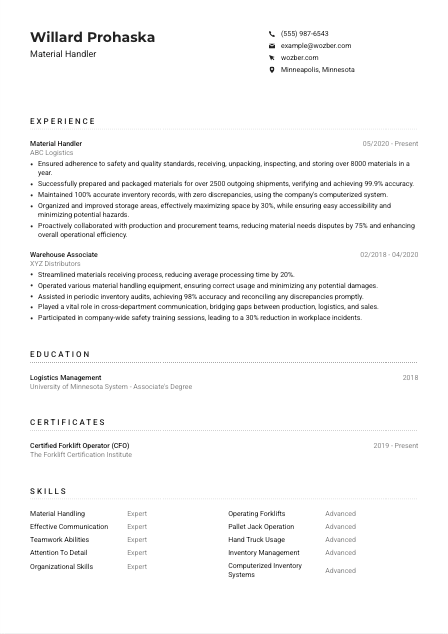 Material Handler Resume Example