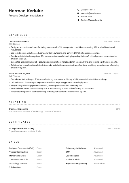 Process Development Scientist Resume Example