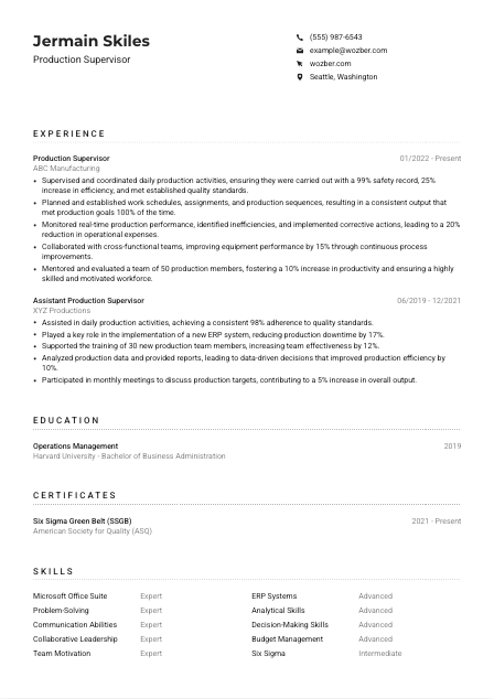 Production Supervisor Resume Example