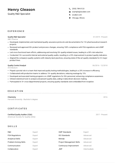 Quality R&D Specialist Resume Example