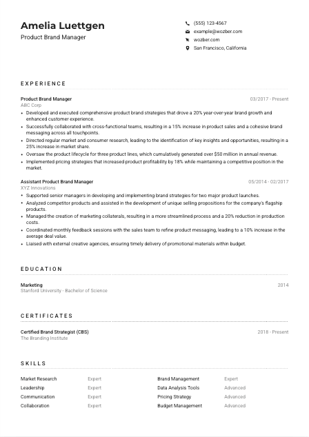 Product Brand Manager CV Example