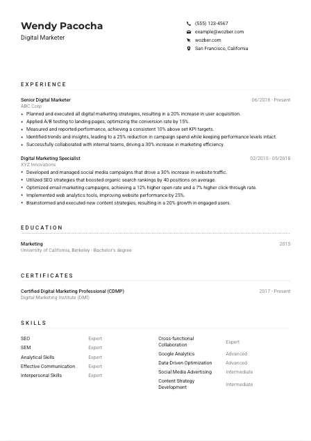Digital Marketer Resume Example