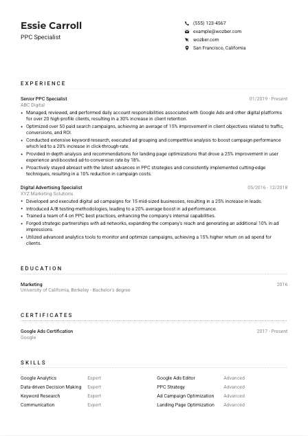 PPC Specialist CV Example