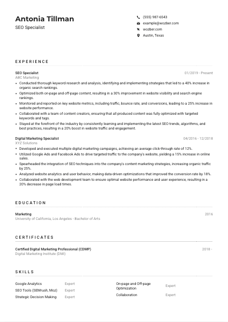 SEO Specialist Resume Example