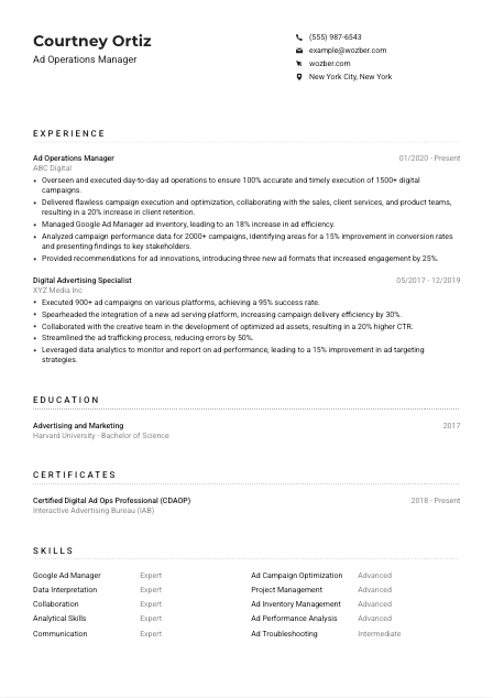 Ad Operations Manager CV Example