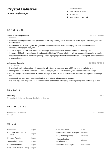 Advertising Manager Resume Example