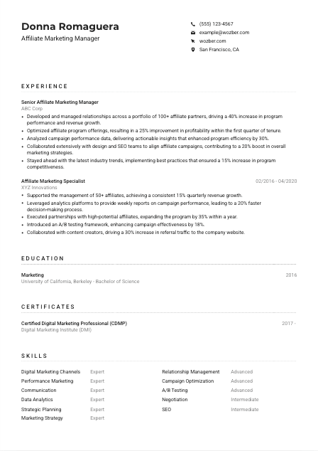 Affiliate Marketing Manager CV Example