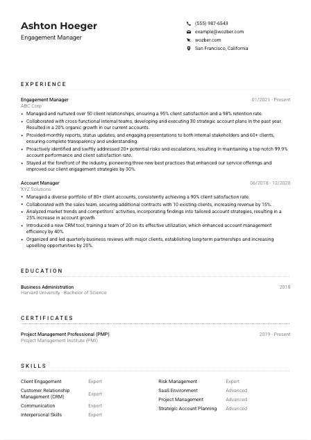 Engagement Manager CV Example