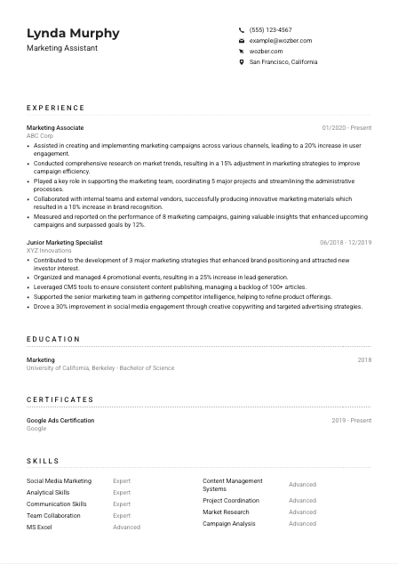 Marketing Assistant CV Example