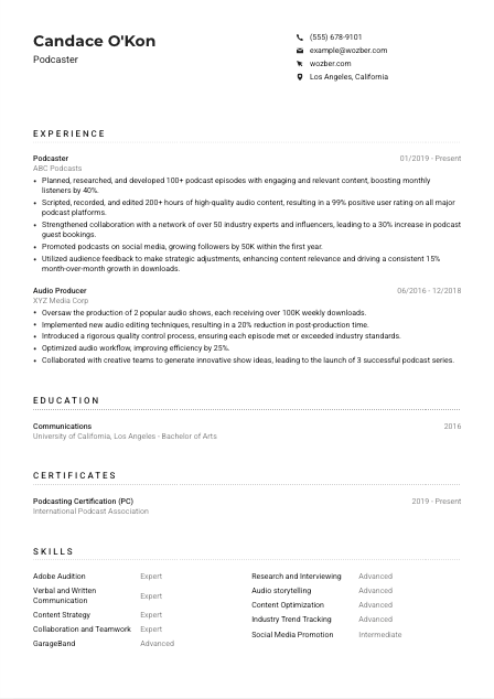 Podcaster Resume Example