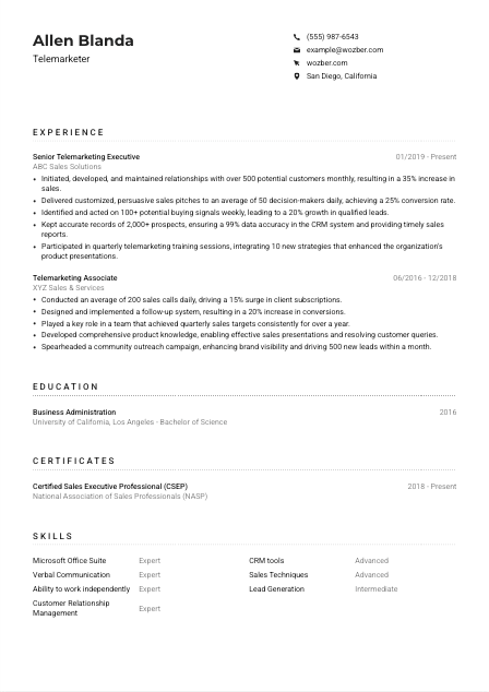 Telemarketer Resume Example