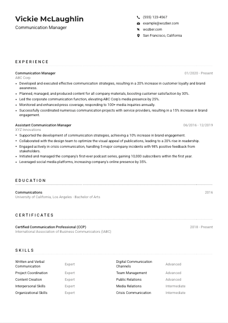 Communication Manager CV Example