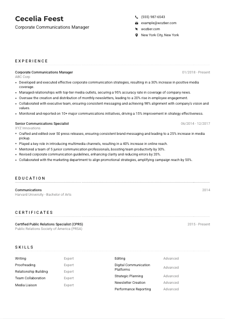 Corporate Communications Manager CV Example