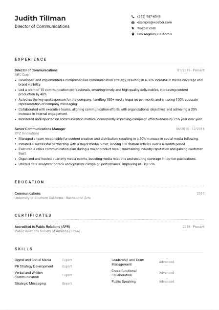 Director of Communications CV Example