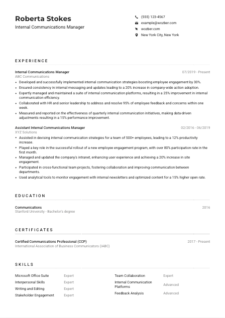 Internal Communications Manager Resume Example