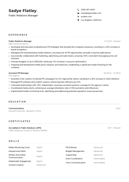 Public Relations Manager Resume Example