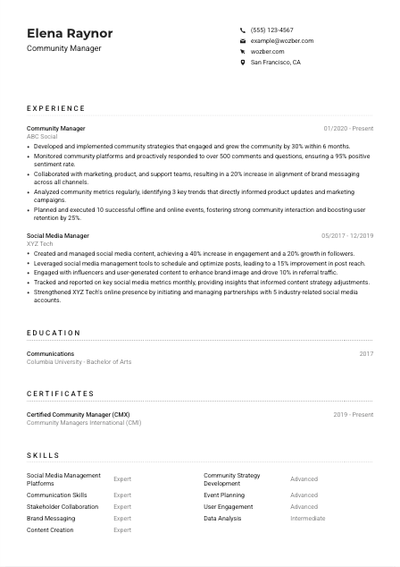Community Manager CV Example