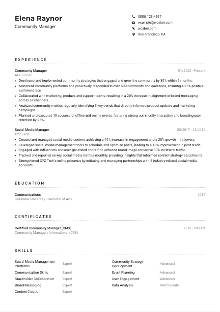 Community Manager Resume Example