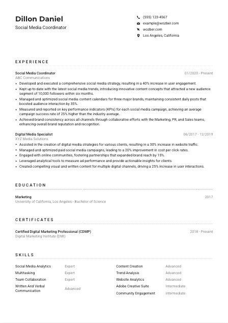 Social Media Coordinator Resume Example