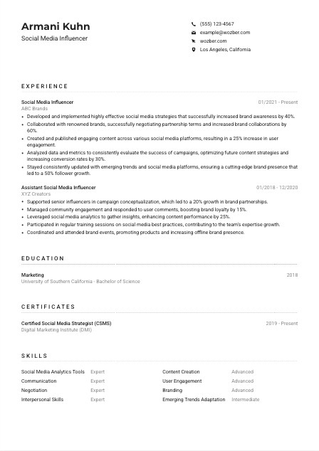 Social Media Influencer CV Example