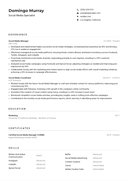 Social Media Specialist CV Example