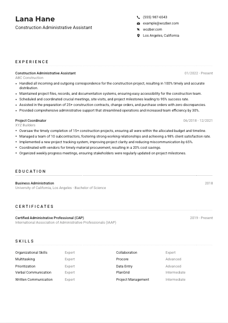 Construction Administrative Assistant CV Example