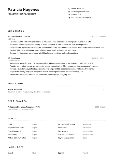 HR Administrative Assistant CV Example