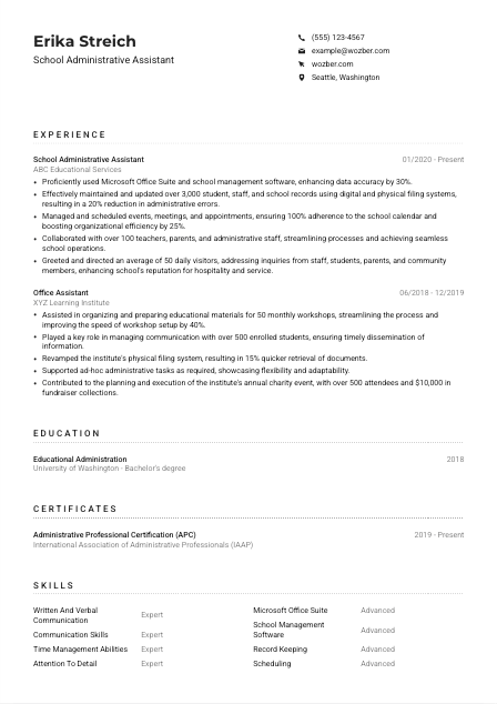 School Administrative Assistant CV Example